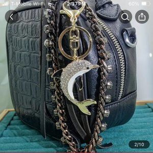 Dolphin Porpoise White Enamel and Silver Rhinestone Bag Charm